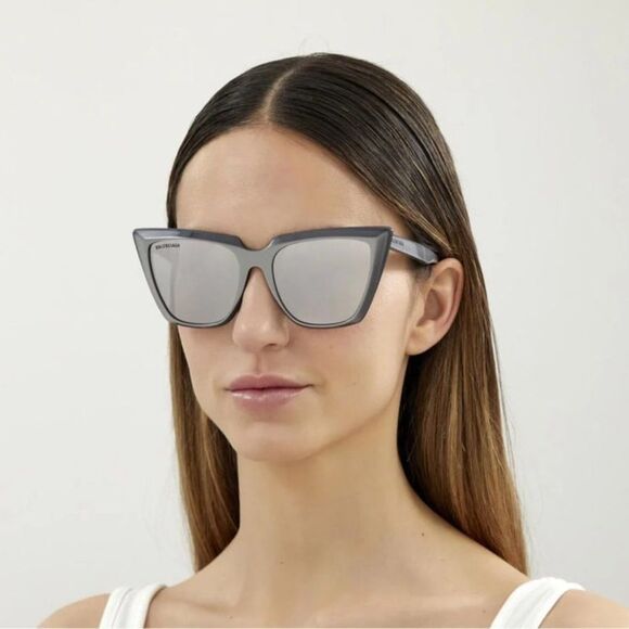 Balenciaga BB0046S 006 Sunglasses Silver Gray Shiny Mirrored Cat Eye Women